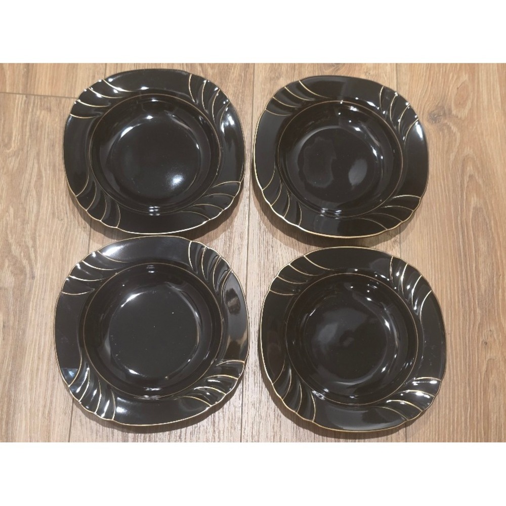 Vtg Ranmaru Wave Golden Black‎ Soup Bowls Set of 4 Gallery Collections Japan